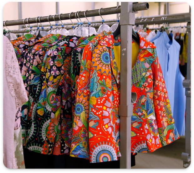 Racks of Chacock Blazers preparing to package for export.