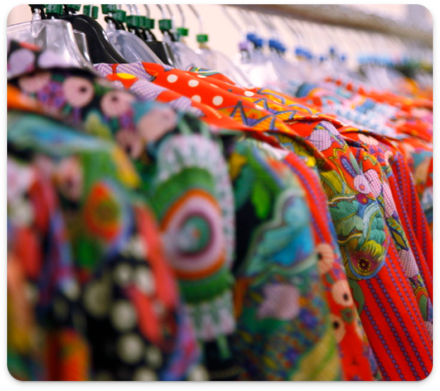 A rail of detailed patterned Chacock Ladies Blazers ready for export to Paris.