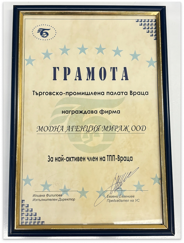 Certificate for most active member of Vratsa Chamber of Commerce